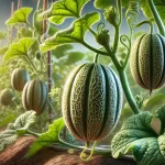 DALL·E 2025 01 09 12.04.11 A highly realistic close up of melon plants (Cucumis melo) showcasing the fruits. The image focuses on the ripe and unripe melons growing on vines wit