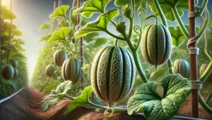 DALL·E 2025 01 09 12.04.11 A highly realistic close up of melon plants (Cucumis melo) showcasing the fruits. The image focuses on the ripe and unripe melons growing on vines wit