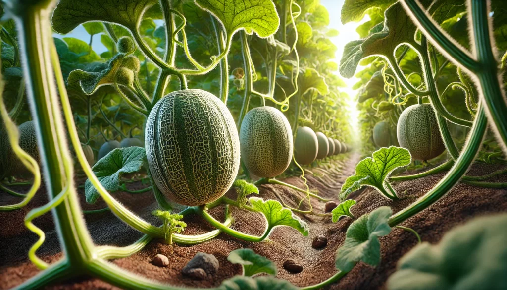 DALL·E 2025 01 09 12.08.28 A highly realistic depiction of melon plants (Cucumis melo) from a different angle, focusing on the fruits hanging low near the ground. The image show