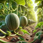 DALL·E 2025 01 09 12.08.28 A highly realistic depiction of melon plants (Cucumis melo) from a different angle, focusing on the fruits hanging low near the ground. The image show