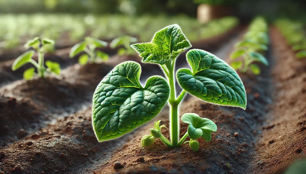 DALL·E 2025 01 09 12.10.24 A highly realistic close up of a healthy, young melon plant (Cucumis melo) growing in rich, dark soil. The plant has vibrant green leaves with smooth,