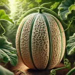 DALL·E 2025 01 09 12.11.11 A highly realistic close up of a ripe melon (Cucumis melo) on the vine. The image captures the detailed texture of the melon’s skin, showing its net l