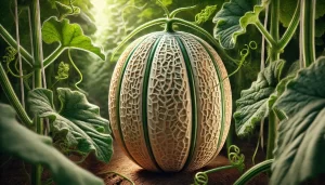 DALL·E 2025 01 09 12.11.11 A highly realistic close up of a ripe melon (Cucumis melo) on the vine. The image captures the detailed texture of the melon’s skin, showing its net l