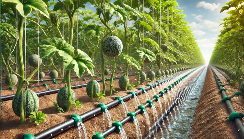 DALL·E 2025 01 09 12.15.01 A highly realistic depiction of a drip irrigation system in a melon field. The image shows rows of healthy melon plants (Cucumis melo) with drip irrig