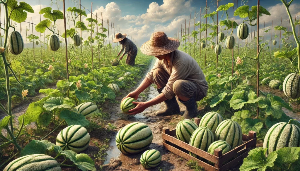 DALL·E 2025 01 09 12.15.51 A highly realistic depiction of a farmer harvesting melons (Cucumis melo) in a field. The farmer is wearing practical clothing and a hat for sun prote