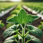 DALL·E 2025 01 09 12.16.49 A highly realistic close up of a young melon plant (Cucumis melo) growing in a field surrounded by other melon plants. The focus is on the vibrant gre