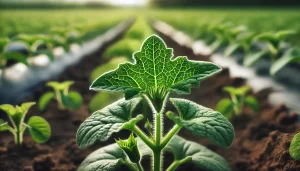 DALL·E 2025 01 09 12.16.49 A highly realistic close up of a young melon plant (Cucumis melo) growing in a field surrounded by other melon plants. The focus is on the vibrant gre