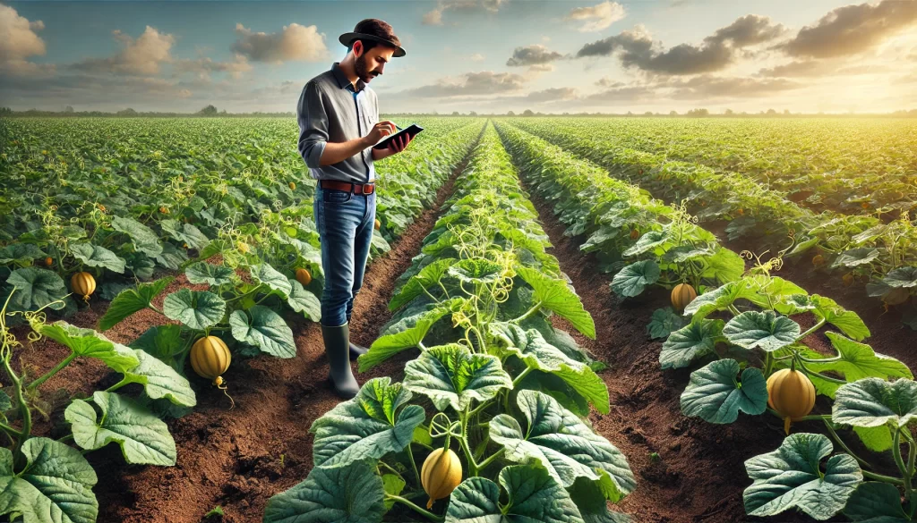 DALL·E 2025 01 09 12.23.35 A highly realistic depiction of a farmer monitoring melon plants (Cucumis melo) in a field to prevent pests. The farmer is inspecting the leaves and v