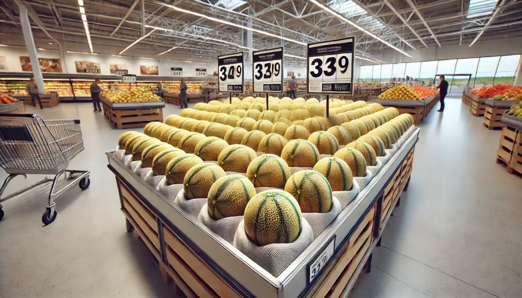 DALL·E 2025 01 09 12.24.34 A highly realistic depiction of a supermarket display shelf showcasing ripe melons (Cucumis melo) for sale. The melons are neatly arranged in rows, with