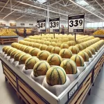 DALL·E 2025 01 09 12.24.34 A highly realistic depiction of a supermarket display shelf showcasing ripe melons (Cucumis melo) for sale. The melons are neatly arranged in rows, wi