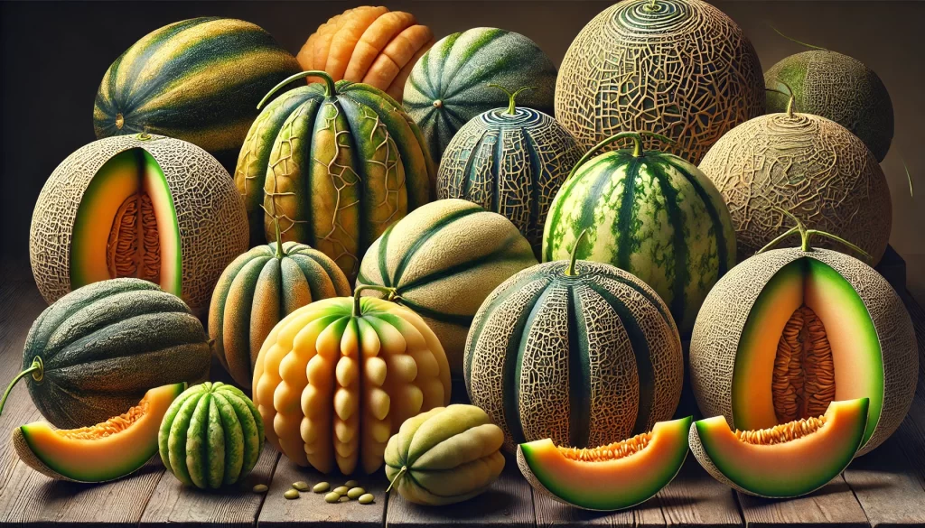 DALL·E 2025 01 09 12.26.55 A highly realistic depiction showcasing different varieties of melons (Cucumis melo) placed side by side for comparison. The image features melons of