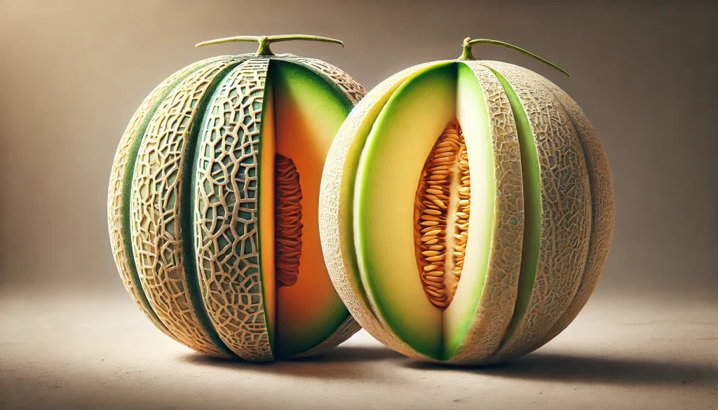 DALL·E 2025 01 09 12.28.29 A highly realistic depiction comparing two different types of melon varieties (Cucumis melo) side by side. One is a cantaloupe with a textured, net-like