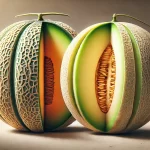 DALL·E 2025 01 09 12.28.29 A highly realistic depiction comparing two different types of melon varieties (Cucumis melo) side by side. One is a cantaloupe with a textured, net li