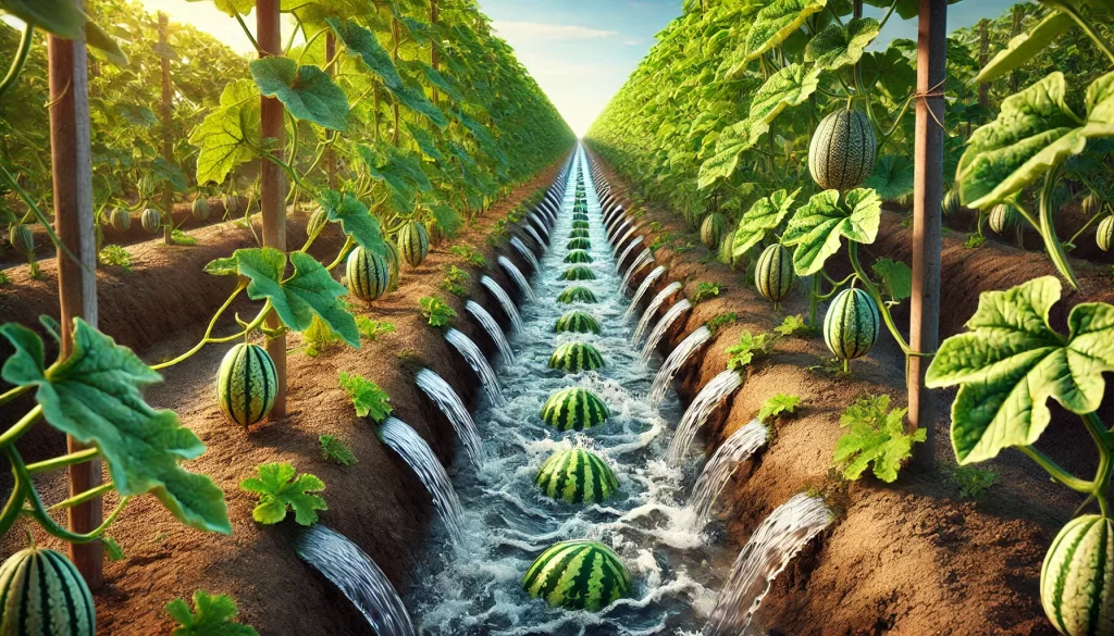 DALL·E 2025 01 09 12.31.37 A highly realistic depiction of a gravity irrigation system in a melon (Cucumis melo) field. The image shows water flowing through shallow furrows bet