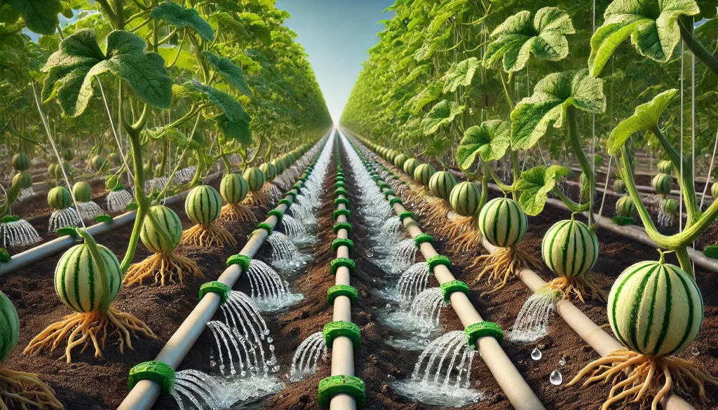 DALL·E 2025 01 09 12.33.29 A highly realistic depiction of a drip irrigation system in a melon (Cucumis melo) field. The image shows rows of healthy melon plants with drip irrig