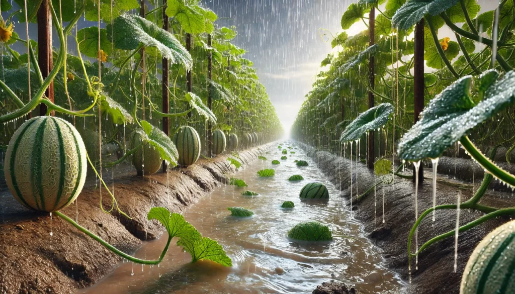 DALL·E 2025 01 09 12.34.21 A highly realistic depiction of a melon (Cucumis melo) field during a rain shower. The image shows rows of healthy melon plants with vibrant green lea