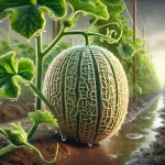 DALL·E 2025 01 09 12.35.23 A highly realistic close up of a ripe melon (Cucumis melo) on the vine in a melon field during a rain shower. The melon’s net like texture is visible,