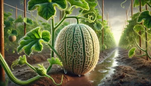 DALL·E 2025 01 09 12.35.23 A highly realistic close up of a ripe melon (Cucumis melo) on the vine in a melon field during a rain shower. The melon’s net like texture is visible,