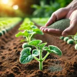 DALL·E 2025 01 09 12.39.27 A highly realistic depiction of a farmer's hand applying fertilizer to a young melon plant (Cucumis melo) in a field. The hand is holding granular fer