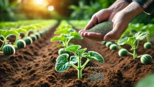 DALL·E 2025 01 09 12.39.27 A highly realistic depiction of a farmer's hand applying fertilizer to a young melon plant (Cucumis melo) in a field. The hand is holding granular fer