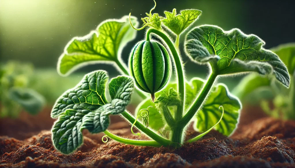 DALL·E 2025 01 09 12.47.39 A highly realistic close up of a melon plant (Cucumis melo) showing its detailed features. The image focuses on the vibrant green leaves with visible