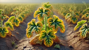 DALL·E 2025 01 09 12.48.48 A highly realistic depiction of a melon plant (Cucumis melo) showing signs of nutrient deficiency. The plant has yellowing leaves with visible discolo