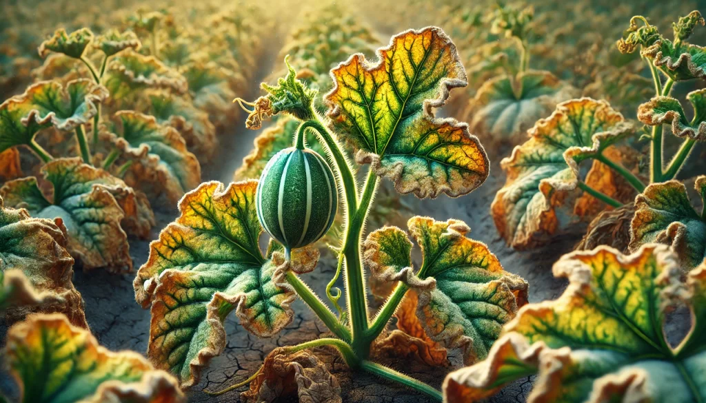 DALL·E 2025 01 09 12.49.48 A highly realistic close up of a melon plant (Cucumis melo) showing nutrient deficiency. The image focuses on the leaves, which display yellowing, bro