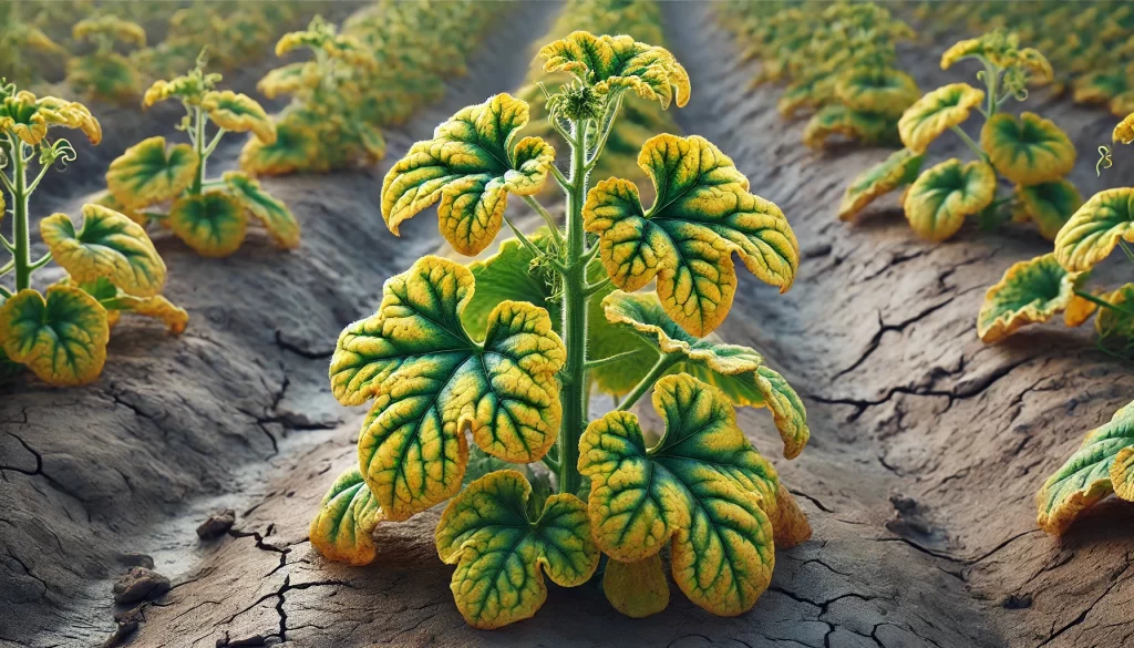 DALL·E 2025 01 09 12.50.38 A highly realistic depiction of a melon plant (Cucumis melo) showing signs of nitrogen (N) deficiency. The plant's leaves are yellowing uniformly, sta