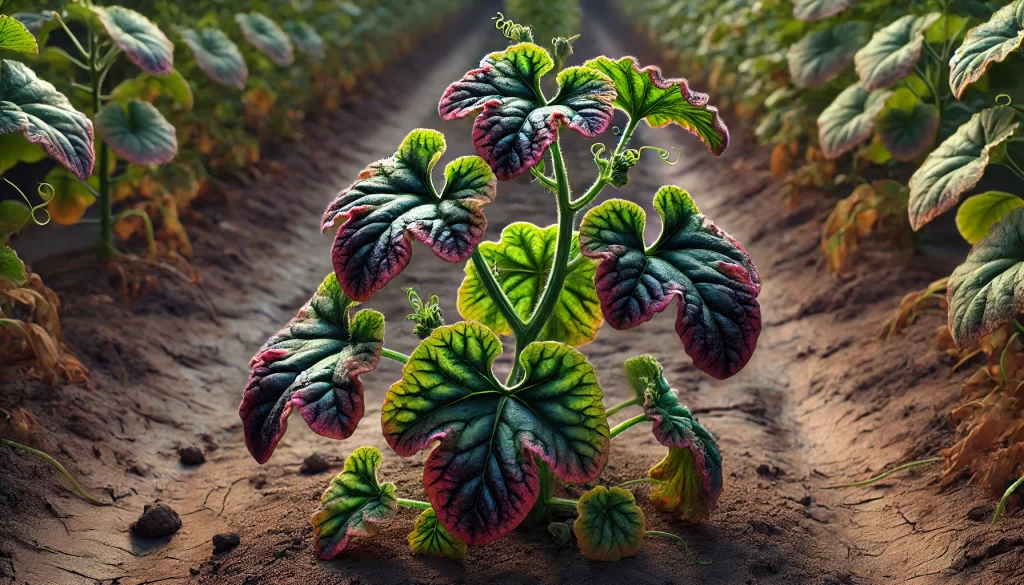 DALL·E 2025 01 09 12.51.23 A highly realistic depiction of a melon plant (Cucumis melo) showing signs of phosphorus (P) deficiency. The leaves have a dark green to purplish disc