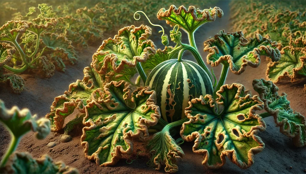 DALL·E 2025 01 09 12.53.10 A highly realistic depiction of a melon plant (Cucumis melo) showing signs of calcium (Ca) deficiency. The leaves have curling edges and irregular, di