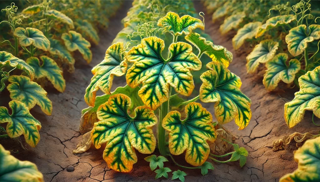 DALL·E 2025 01 09 12.53.56 A highly realistic depiction of a melon plant (Cucumis melo) showing signs of magnesium (Mg) deficiency. The leaves exhibit interveinal chlorosis, whe