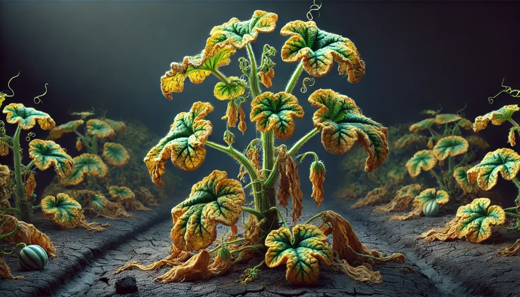 DALL·E 2025 01 09 12.56.00 A highly realistic depiction of a melon plant (Cucumis melo) affected by Fusarium Wilt (Fusarium oxysporum f. sp. melonis). The plant displays yellowing