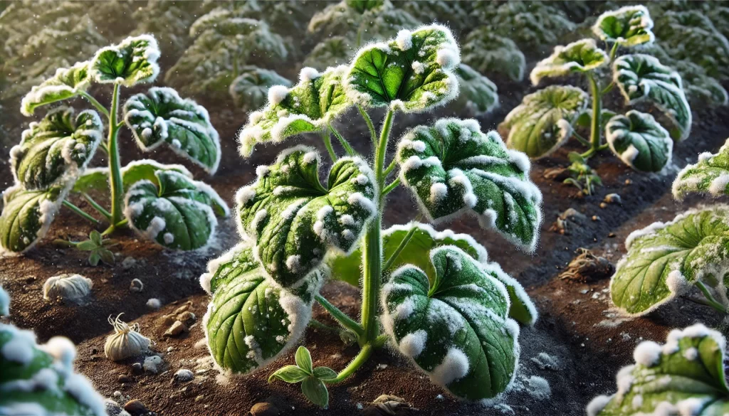 DALL·E 2025 01 09 12.56.51 A highly realistic depiction of a melon plant (Cucumis melo) affected by powdery mildew (Sphaerotheca fuliginea). The leaves display white, powdery fungal growth