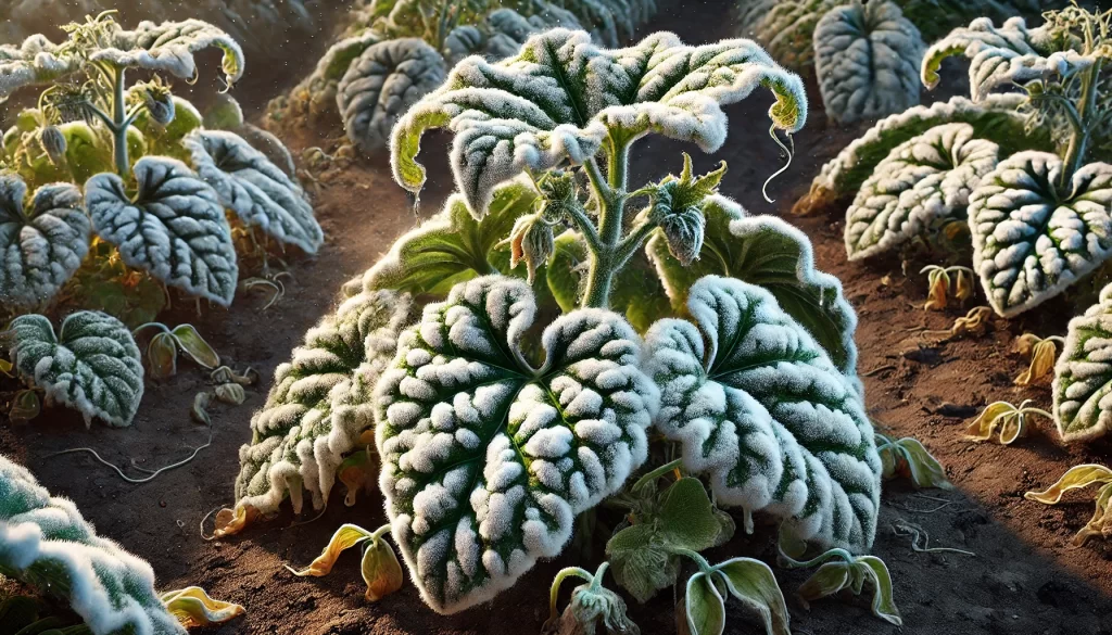 DALL·E 2025 01 09 12.57.40 A highly realistic depiction of a melon plant (Cucumis melo) affected by powdery mildew (Podosphaera xanthii). The leaves are covered with a white, powdery fungal growth