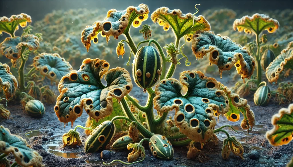 DALL·E 2025 01 09 12.58.35 A highly realistic depiction of a melon plant (Cucumis melo) affected by anthracnose (Colletotrichum lagenarium). The leaves exhibit dark, sunken lesions