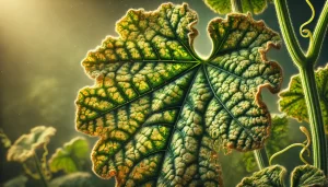 DALL·E 2025 01 09 13.03.15 A highly detailed and realistic close up of a melon plant leaf (Cucumis melo) severely affected by mosaic virus. The leaf displays pronounced mottled