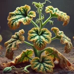 DALL·E 2025 01 09 13.05.03 A highly realistic depiction of a melon plant (Cucumis melo) affected by Fusariosis (Fusarium oxysporum f. sp. melonis). The plant shows severe wiltin