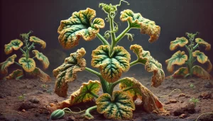 DALL·E 2025 01 09 13.05.03 A highly realistic depiction of a melon plant (Cucumis melo) affected by Fusariosis (Fusarium oxysporum f. sp. melonis). The plant shows severe wiltin