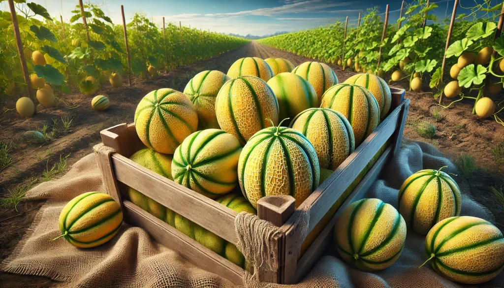 DALL·E 2025 01 09 16.25.48 A highly realistic depiction of a melon harvest with several ripe melons (Cucumis melo) gathered together. The melons are placed in a wooden crate or