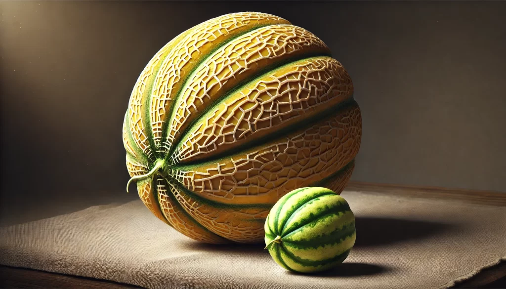 DALL·E 2025 01 09 16.27.42 A highly realistic depiction of a ripe melon and a young melon (Cucumis melo) side by side for comparison. The ripe melon has a yellowish net like texture