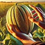 DALL·E 2025 01 09 16.28.42 A highly realistic depiction of a farmer's hand gently holding and inspecting a melon (Cucumis melo) in the field to check its ripeness. The ripe melo