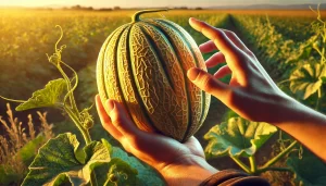 DALL·E 2025 01 09 16.28.42 A highly realistic depiction of a farmer's hand gently holding and inspecting a melon (Cucumis melo) in the field to check its ripeness. The ripe melo