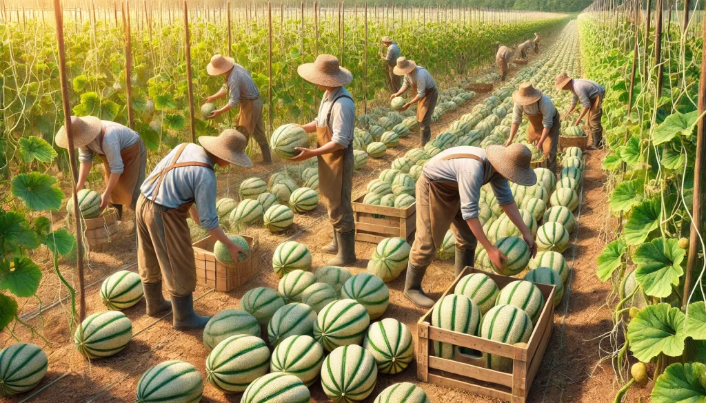 DALL·E 2025 01 09 16.29.56 A highly realistic depiction of farmers harvesting melons (Cucumis melo) in a field. The scene shows multiple farmers wearing practical clothing and hats.