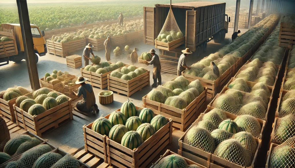 DALL·E 2025 01 09 16.31.51 A highly realistic depiction of the storage and transportation of harvested melons (Cucumis melo). The scene shows wooden crates filled with ripe melo