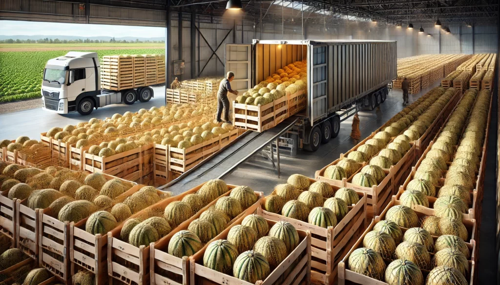 DALL·E 2025 01 09 16.32.15 An ultra realistic depiction of the storage and transportation of harvested melons (Cucumis melo). The image shows wooden or plastic crates filled wit