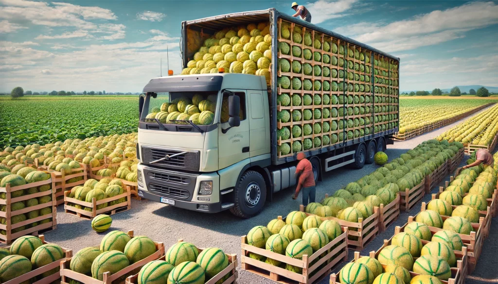 DALL·E 2025 01 09 16.33.36 An ultra realistic depiction of a truck loaded with melons (Cucumis melo) ready for transport to a store. The truck's open cargo area is filled with neatly packed crates.