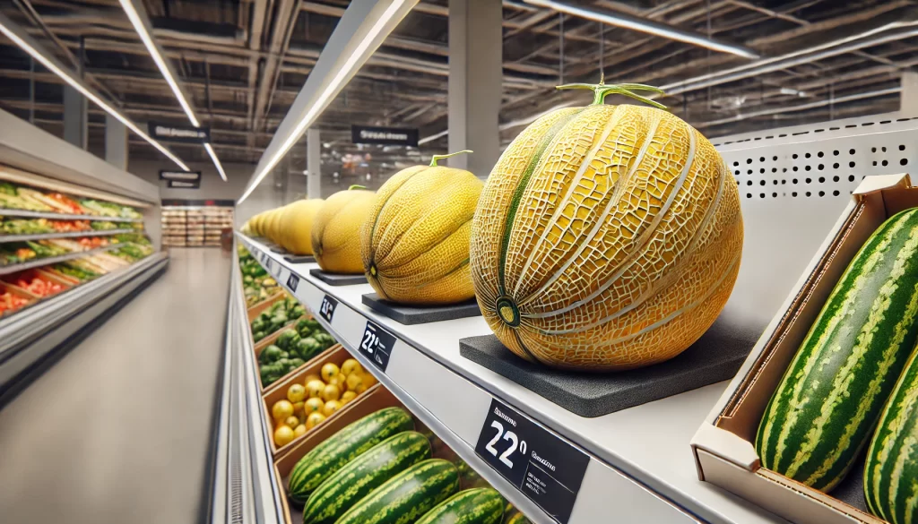 DALL·E 2025 01 09 16.34.34 An ultra realistic depiction of a ripe and fresh melon (Cucumis melo) displayed on a store shelf. The melon has a vibrant yellowish color with a natur