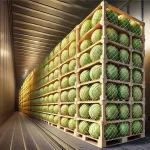 DALL·E 2025 01 09 16.35.31 An ultra realistic close up of the rear trailer of a truck filled with crates of melons (Cucumis melo). The crates are neatly stacked, each filled wit