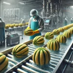 DALL·E 2025 01 09 16.38.22 An ultra realistic depiction of a post harvest treatment being applied to melons (Cucumis melo). The scene shows ripe melons being carefully washed an