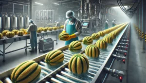 DALL·E 2025 01 09 16.38.22 An ultra realistic depiction of a post harvest treatment being applied to melons (Cucumis melo). The scene shows ripe melons being carefully washed an